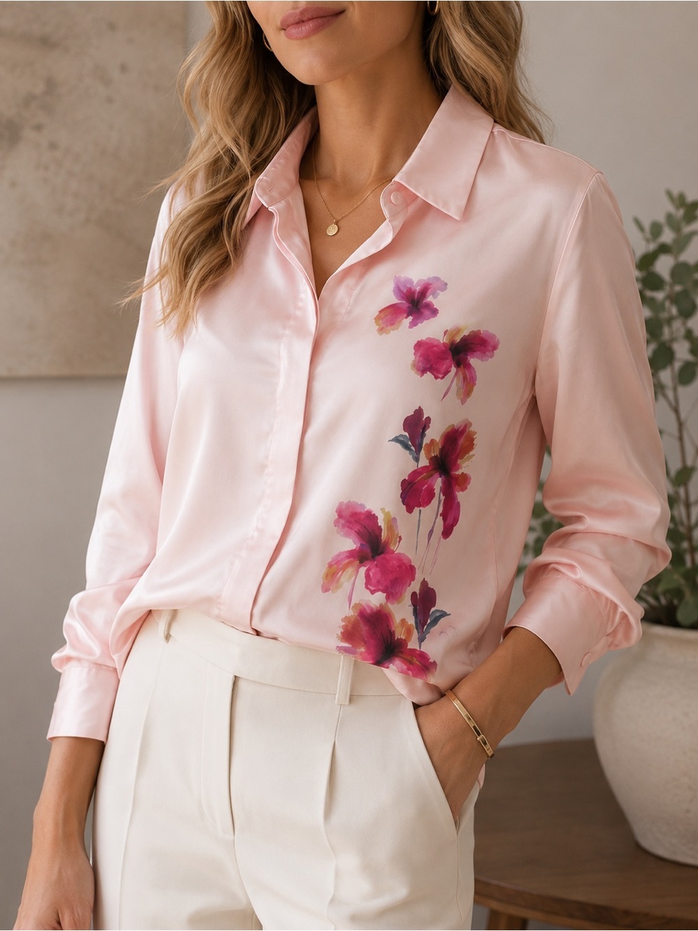 ZARA Floral Satin Button-Down Shirt Pink Size Small